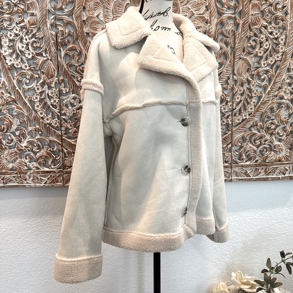 PLM Pascale La Mode Short Faux Wool Shearling, Suede Coat, Button Front, NWT - Picture 4 of 16